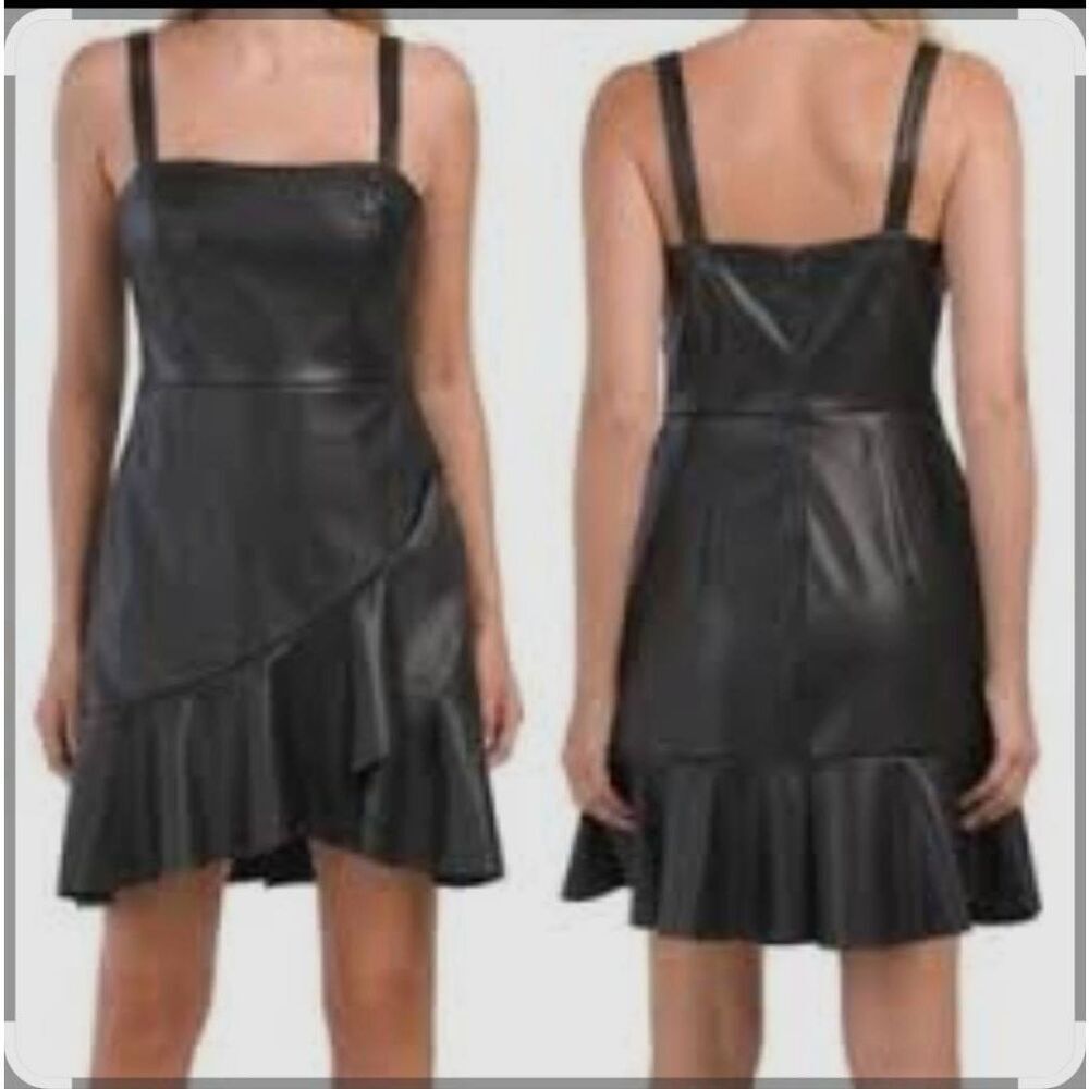 BCBGENERATION Black Faux Leather Mini Dress with Shoulder Straps, Ruffle, NWOT,M